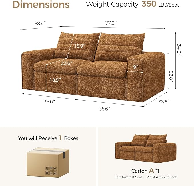77 Cloud Loveseat Sofa Deep Seat Couch with Pillows Modern Comfortable Upholstery Boneless Sofa 1 piece for Living Room Bedroom Apartment Removable CoverNo Assembly Required Orange