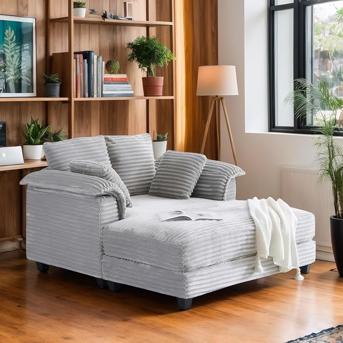 VINGLI 56 Oversized Chaise Lounge Chair Light Grey Comfy Corduroy Chaise Sofa Recliner Bed Upholstered Sleeper Couch Bed with Throw Pillows and Armrests for Living Room Movie Room Bedroom