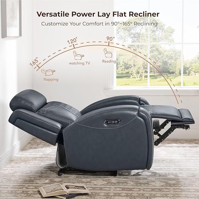 CHITA Genuine Leather Recliner Chair for Adults with Adjustable Power Headrest Lay Flat Power Recliner with Slide-Out Cupholders &amp USB/Type-C Ports Living Room Chair Navy Blue
