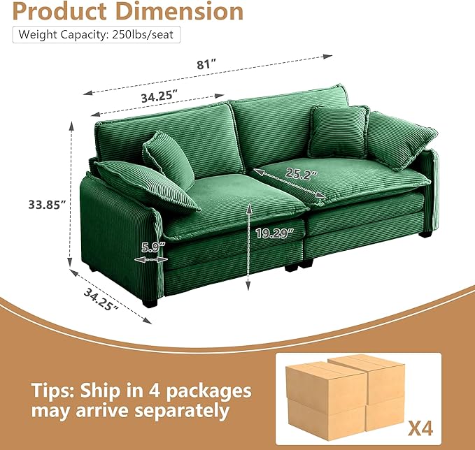 Aoowow 2 Pieces Modular Sectional Sofa Set of Loveseat CouchModern Corduroy Comfy Cloud Deep Seat Couches Set with 4 Throw Pillows and 4 Arm Pillows for Living Room Apartment(Green)
