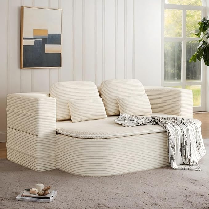 75'' Corduroy Foldable Full Size Boneless Couch Bed 2-in-1 Convertible Sleeper Compression Loveseat Sofa with Pillow No Assembly Memory Foam Floor Folding Couch for Living Room (Beige) | 2-in-1 Pi