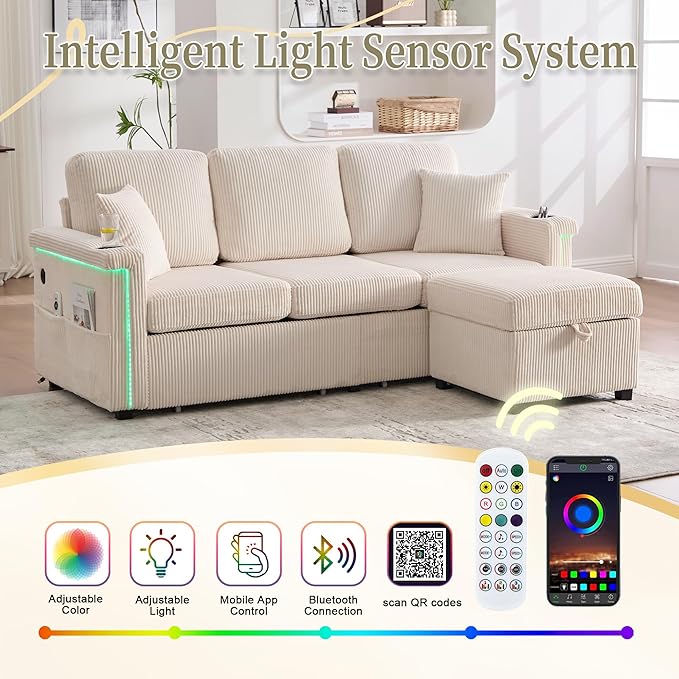 76'' Sectional Sofa Couches for Living Room 3 Seat L-Shaped Couch with Storage &amp Ottoman Corduroy Convertible Sofas with Chaise Apartment with USB Charging Cup Holder (Beige)