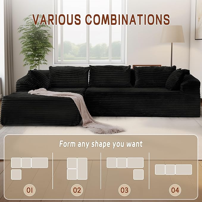 110 L-Shaped Modular Sectional Sofa with Chaise Boneless Comfy Corduroy Fluffy Couch with Deep Seat and Side Pockets Flexible Module Combination for Living Room No Assembly Side Pockets