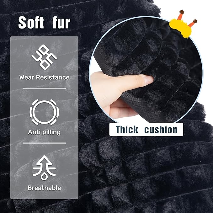 HollyHOME X-Large Saucer Chair with Foldable Ottoman Comfy Oversized Folding Chair and Folding Footrest Stool Set Faux-Fur Reading Chair and Footstool for Living Room Bedroom Black Chair&ampStool