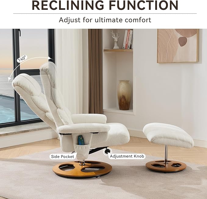 Elegant Chenille Massage Chair with 5 Point Vibration Massage360°Swivel Lounge Chair with OttomanDurable Structure Chaise Lounge with Adjustable Backrest for Living RoomOfficeStudyWhite
