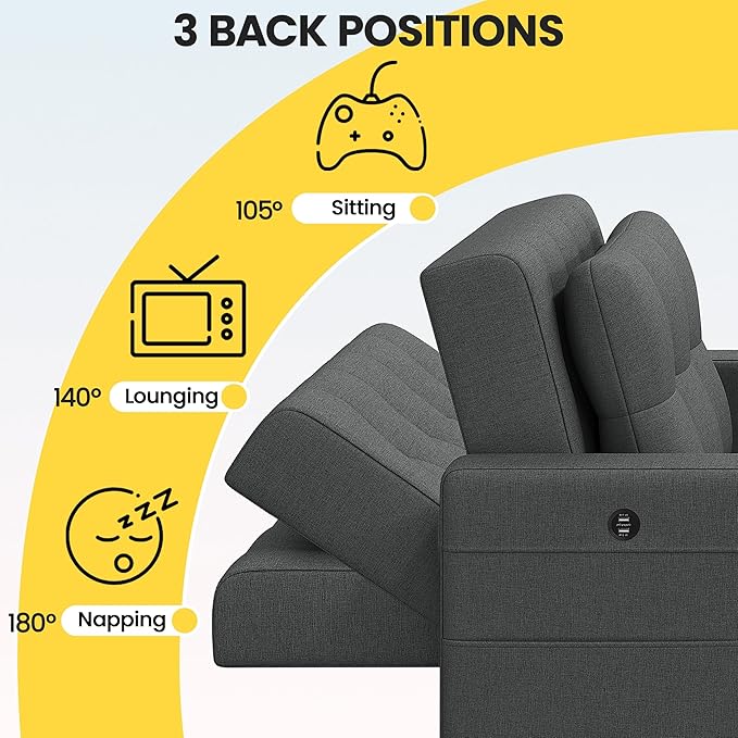 Yaheetech Sleeper Sofa Bed Convertible Chair Bed 3 in 1 Pull Out Sofa with Adjustable Backrest &amp USB and Type C Charging Ports for Living Room Office Bedroom Apartment Dark Gray
