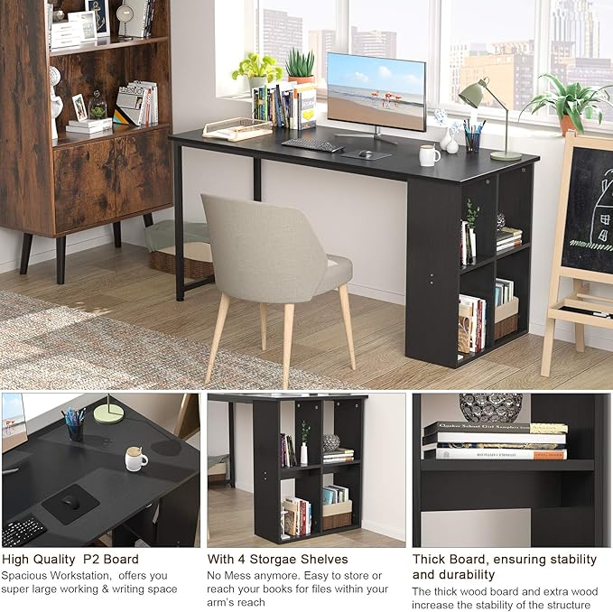 Topfurny 47.2'' Computer Desk with Storage Shelves Modern Home Office Desk Computer Table with Cabinets Student Studying Writing Desk Wood Desk Workstation for Home Office Black