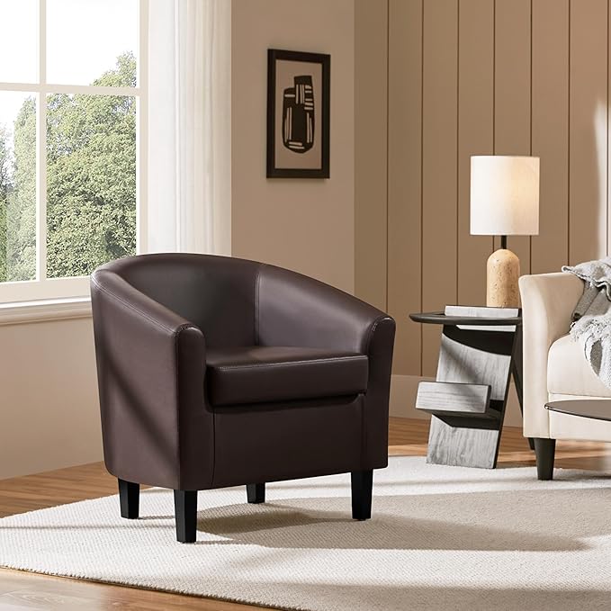 Yaheetech Leather Club Chair Faux Leather Accent Chair Modern Living Room Armchair with Wood Legs and Padded Seat for Bedroom Reception Room Espresso