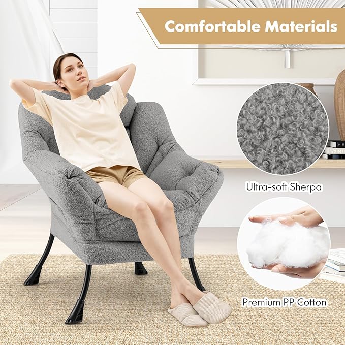 Byroce Lazy Chair Single Sofa Sherpa Chair with PP Cotton Filler Head Pillow &amp Zipper Design Modern Leisure Reading Chair Comfy Lounge Accent Chair for Living Room Bedroom &amp Home Office (