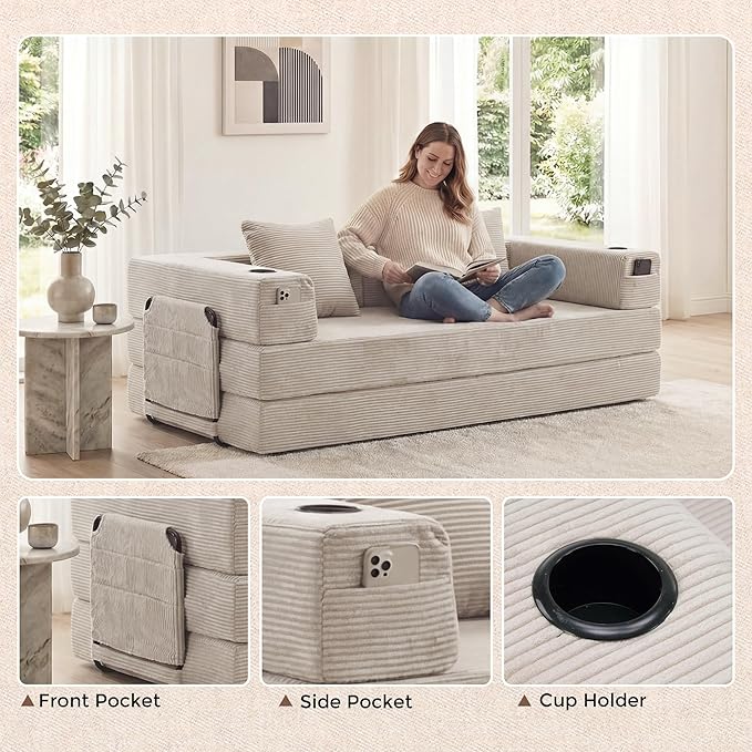 WELAX 72.8 Convertible Sleeper Sofa Bed Boneless Cloud Queen Futon Couches with Cupholders &amp Storage Pockets Corduroy Folding Floor Couch for Bedroom Apartment No Assembly Light Gray