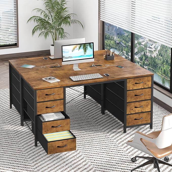 50 Inch Computer Desk with 8 Drawers Home Office Desk with Power Outlets Work Study Gaming Desk with 8 Fabric Drawers Rustic Brown