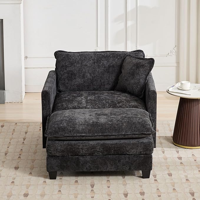 Setawix Modern Modular Sectional Sofa Chair with Movable Ottoman 42 Upholstered Chenille Comfy Fluffy Cloud Deep Seat Couch Oversized Single Armchair with Throw Pillow for Living Room Black