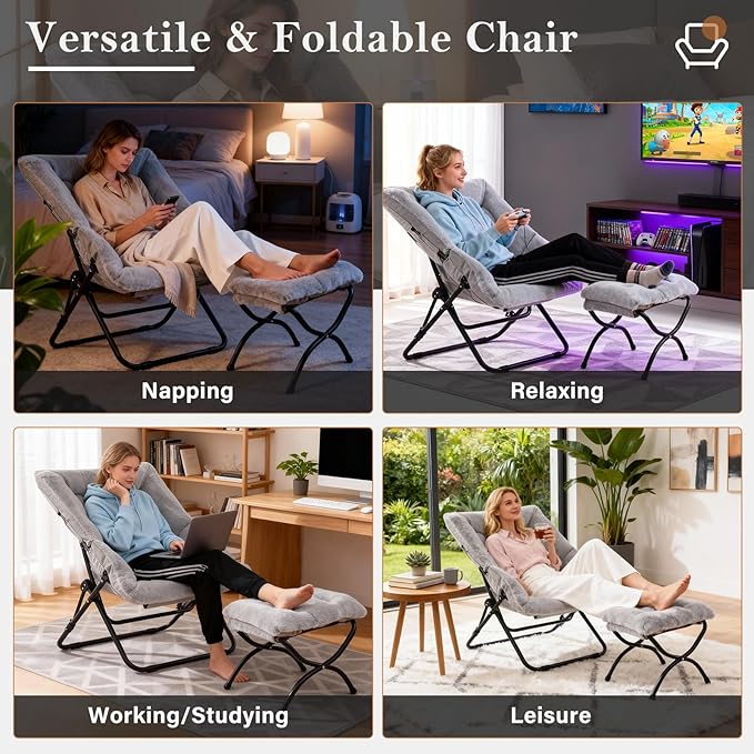 Saucer Chair with Ottoman Oversized Foldable Faux Fur Chair X-Large Soft Dorm Chair Patio Study Playroom (Grey)