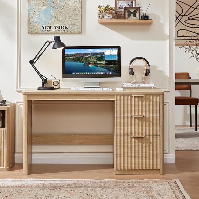 LEYAOYAO Office Desk 48 with 3 Drawers Storage File Cabinet Wood Fluted Desk for Computer Office Bedroom Home Furniture Natural