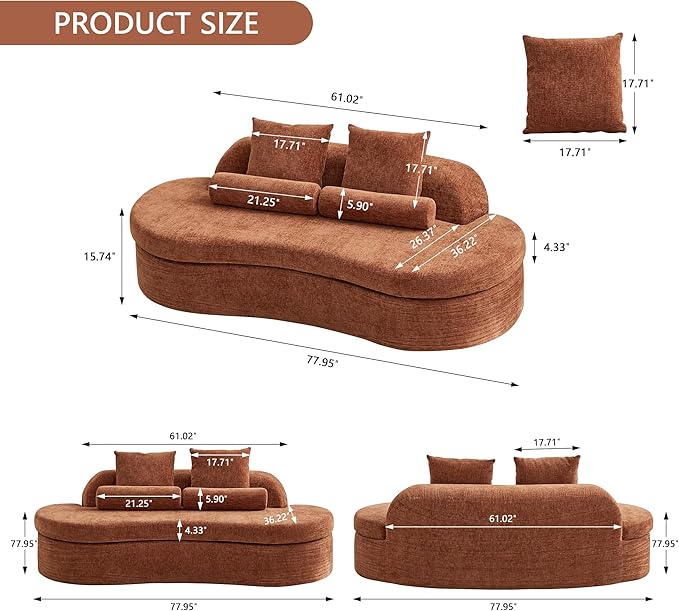 AVZEAR 78 Curved Loveseat Sofa Chenille Upholstered 2 Seater Couch for Living Room No Assembly Modern Love Seat Cloud Sofa with 2 Bolster Pillows &amp 2 Square Pillows High-Density Foam Orange