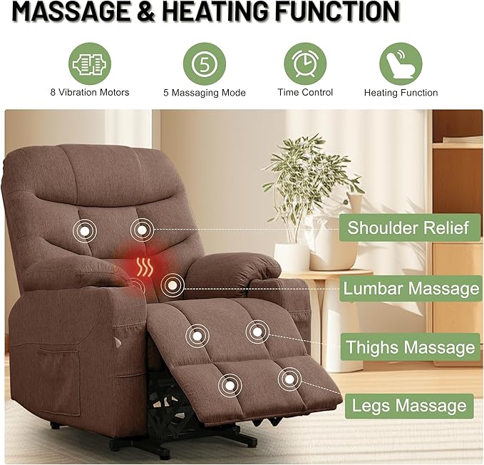 Power Recliner Chair with Massage and Heating Power Lift Recliner Chair for Elderly and Adults Electric Recliner with Remote Control and Cup Holders for Living Room Linen Fabric Brown