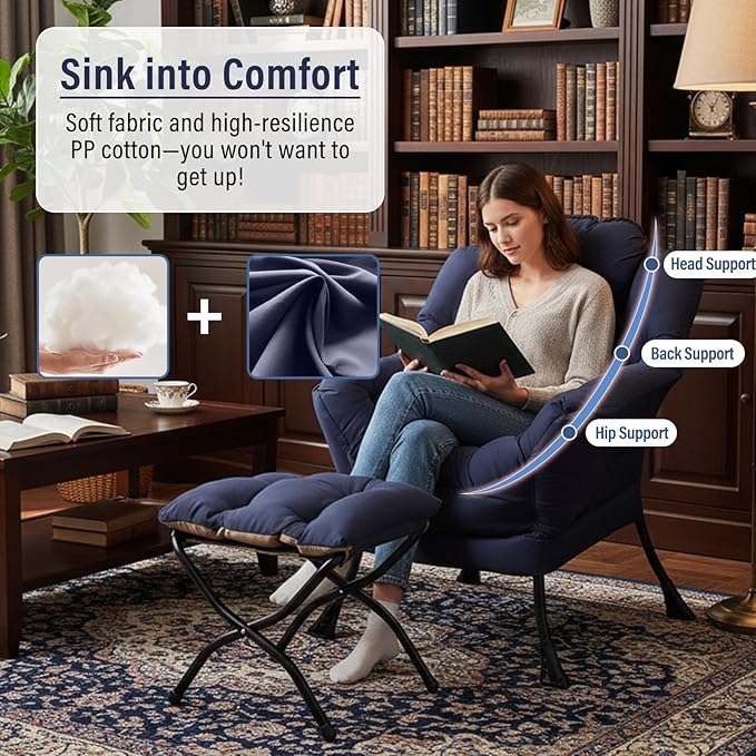 Lazy Chair with Ottoman Modern Accent Chairs with Folding Footrest Navy Blue Sofa Chair Set Comfortable Reading Chairs Oversized Armchairs for Bedroom Study Living Room Courtyard