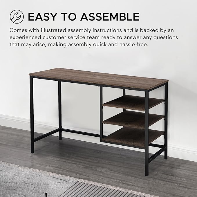 47 Modern Computer Desk Industrial Design Workstation with Wood Table Top Black Steel Frame and Shelves for Home Office Brown