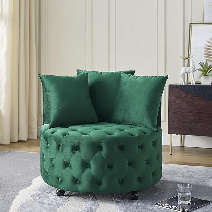 GDFStudio Velvet Swivel Accent Chair with Button Tufted Back Caster Wheels and 3 Matching Pillows Modern Upholstered Armchair for Living Room Home OfficeGreen