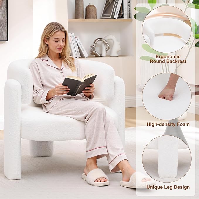 Accent Chairs Set of 2 Modern Sherpa Barrel Chairs Upholstered Living Room Chairs with 3 Legs Comfy Armchair Reading Side Chair for Bedroom Office Apartment White