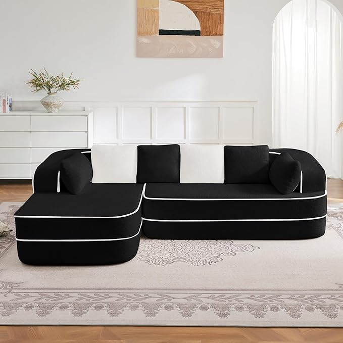 105.9 Modular Sectional Couch Sofa for Living RoomHigh Density Sponge Boneless Sofa with Left ChaiseL-Shaped Cloud Couch with Soft Teddy FabricNo Assembly RequiredBlack