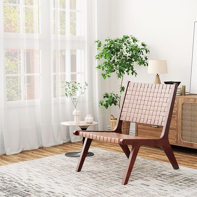 Giantex Woven Leather Accent Chair Set of 2 Boho Mid Century Modern Lounge Chair w/Wood Frame Max Load 300 Lbs Wicker Living Room Chair Armless Accent Side Chair for Reading Bedroom Brown