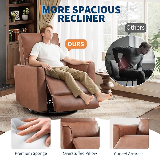GarveeHome Recliner Chair 360° Swivel Rocker Glider Nursery Chair with Padded Armrest and Deep Seat PU Leather Upholstered Reclining Sofa Chair for Living Room Bedroom and Nursery (Camel)