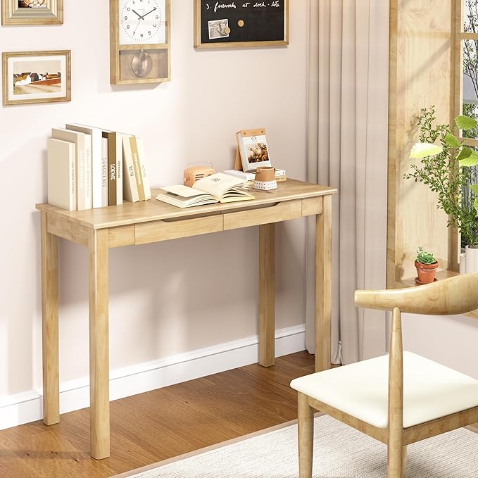 Solid Wood Desk with Drawers - 39 x 16 Inch Boho Narrow Desks Mid Century Modern Desks Rubber Wood Study Table Small Writing Desk for Bedroom|Small Spaces Natural