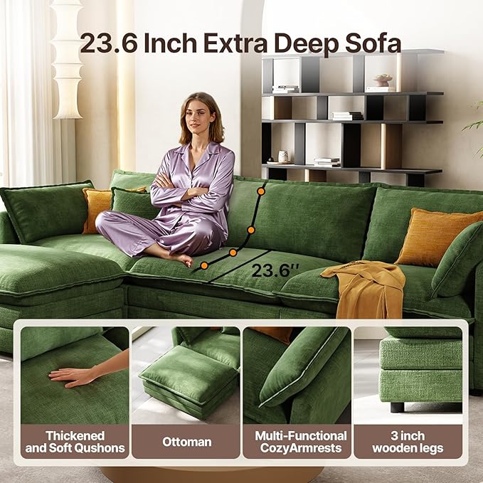 102'' Modular Sectional Sofa Green Couch Cloud Couches for Living Room L Shaped Couch with Movable Ottoman Modern Cloud Sectional Sofas for Bedroom and ApartmentGreen
