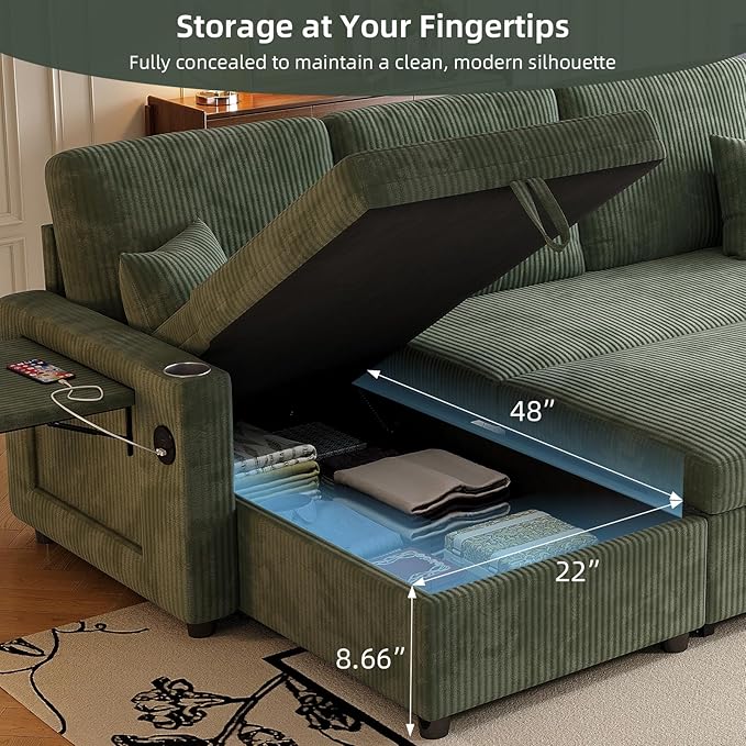 L-Shape Sleeper Sofa with Storage &amp Ports Pull-Out Couch Bed with Cup Holders Side Pockets &amp Side Table for Living Room Apartment Green