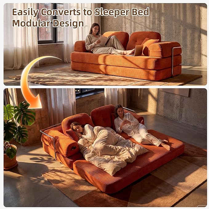 Convertible Modular Sofa Bed with Large Backrest Support &amp Storage Pockets Modern Corduroy Floor Couch for Small Apartment &amp Limited Space Ergonomically Designed Furniture (Orange 82'')