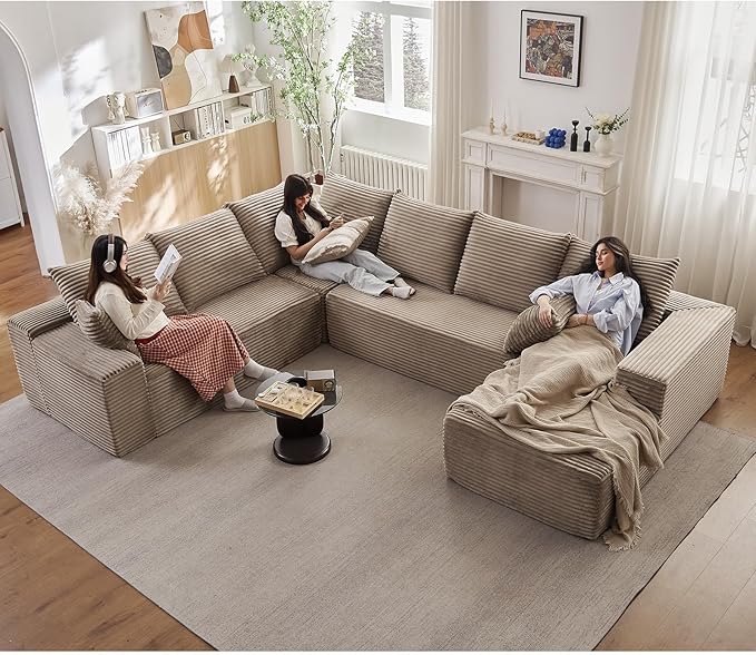 Sectional Cloud Couch with L-Shape Chaise Modern Modular Comfy Sofa with Deep Seat Upholstered Corduroy Couches Stupendous U Shaped Sofas for Living Room Bedroom No Assembly Required Camel