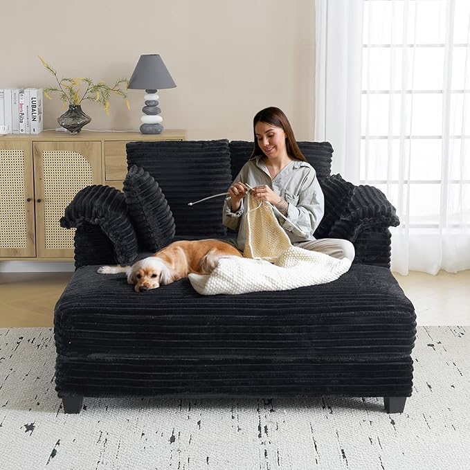 VINGLI 56 Oversized Chaise Lounge Chair Black Comfy Corduroy Chaise Sofa Recliner Bed Upholstered Sleeper Couch Bed with Throw Pillows and Armrests for Living Room Movie Room Bedroom