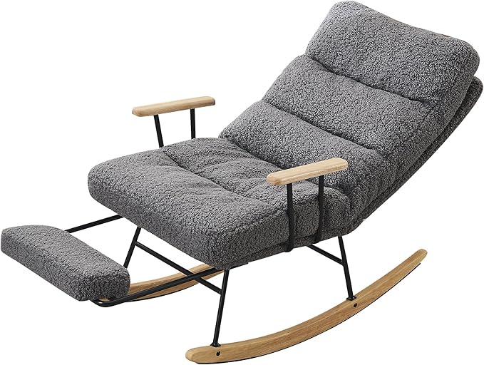 Modern Rocking Chair Teddy Gliding Rocking Chair with High Back Retractable Footrest Adjustable Back Angle for Nursery Living RoomBedroom