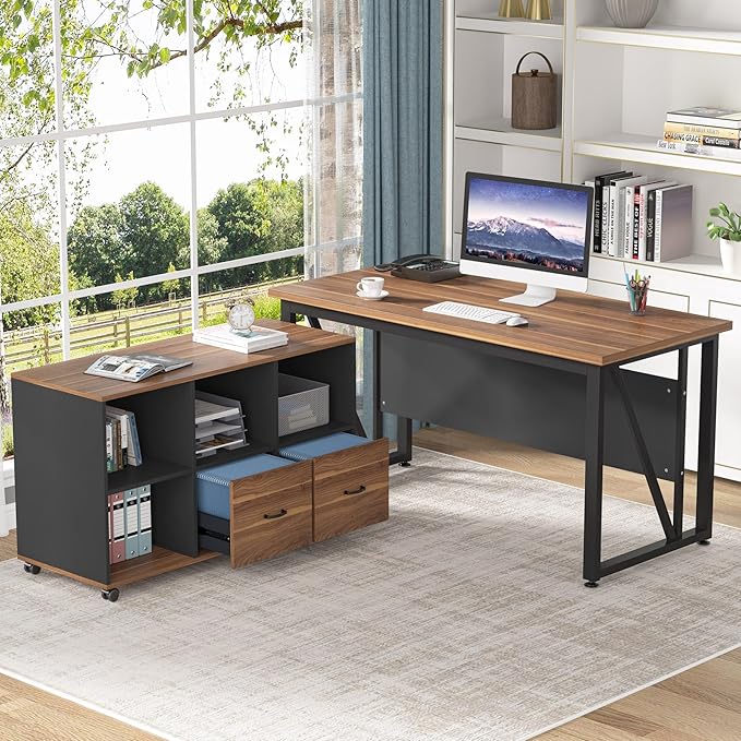 Tribesigns 55-Inch Executive Computer Desk with 43-Inch Lateral File Cabinet Large Workstation Business Furniture L Shaped Desk with Drawers and Storage Shelves for Home Office Walnut