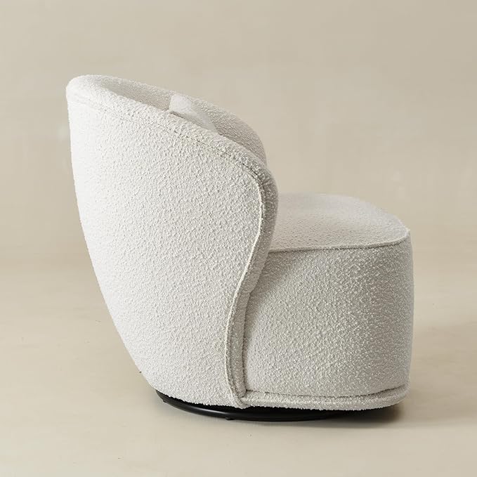 KINWELL 33 W Mid Century Modern Swivel Barrel Chair Upholstered Boucle Swivel Accent Chairs No Assembly Sofa Chair with Toss Pillow for Living Room Bedroom Reading Nursery Cream