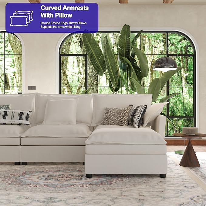 112 Inch Cream White Cloud Sectional Couch - Wide Pillow Edge Chenille Comfy Upholstered 3 Seater Modular Sofa with Ottoman L Shaped Couches for Living Room Apartment Office