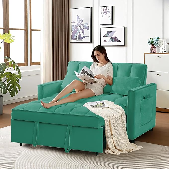 3 in 1 Convertible Sleeper Sofa Bed Futon Couches for Living Room with Side Pocket/Adjustable Backrest Velvet Upholstered Pull Out Couch Small Loveseat Sofa Bed for Bedroom Office Small Spaces