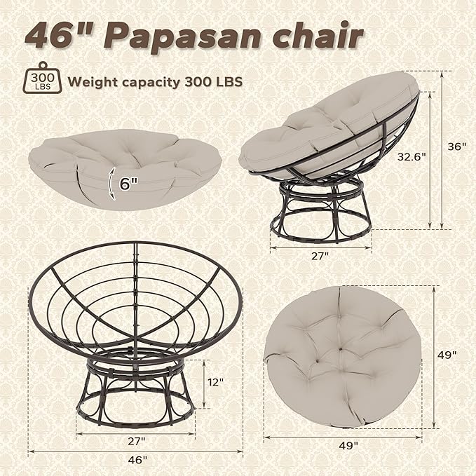 46'' Large Size Papasan Chair (Non-Swivel) with Cushion and Frame Lazy Circle Round Chair for Bedroom and Living Room Beige