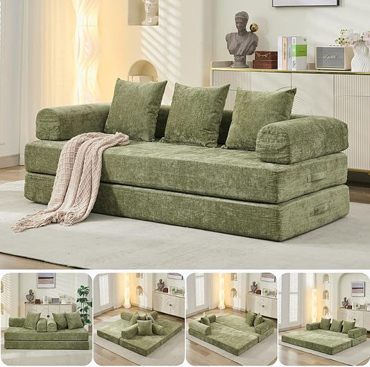 Convertible Folding Sofa Bed Modular Floor Couch 78.8‘’ Cloud Sleeper Sofa with Removable Backrest Chenille Foldable Mattress Couch Lazy Loveseat for Small Space Apartment Bedroom Green