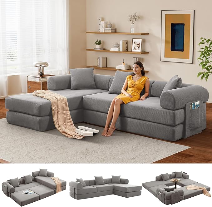 L Shaped Modular Sofa Bed with Cylindrical Pillow &amp Reversible Chaise Corduroy Folding Convertible Floor Sofa Couch Bed with Fixed-Shape Frame &amp Storage Pocket for Living Room Grey