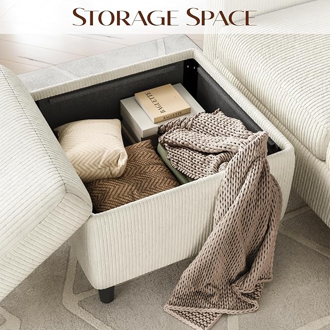 Sectional Couches for Living Room L Shaped Couch with Storage Ottoman Small Sofa Corduroy Couch with Side Pockets Modern 3 Seater Convertible Sofa for Apartment Office Beige