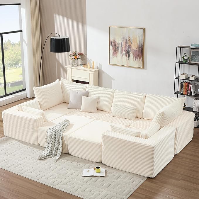 Tbfit Sectional Cloud Couch for Living Room Modular Sofa with Angled Armrest Comfy Boneless Sofa with Wide Seat &amp Deep Seat White