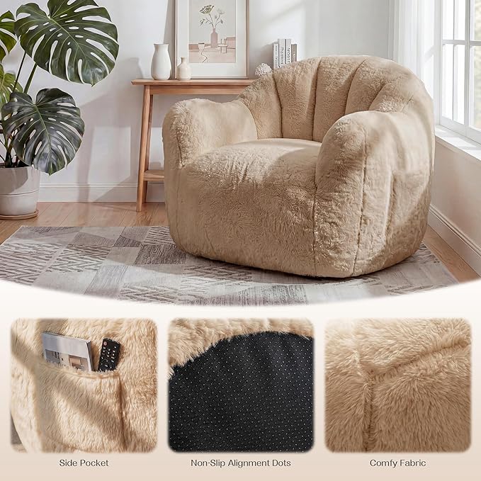 Bean Bag Chair Giant Bean Bag Chair for Adults Shell-Shaped Bean Bag Couch with Armrests &amp Side Pockets Comfy Beanbag Lazy Couch Reading Chair for Bedroom Living Room Khaki