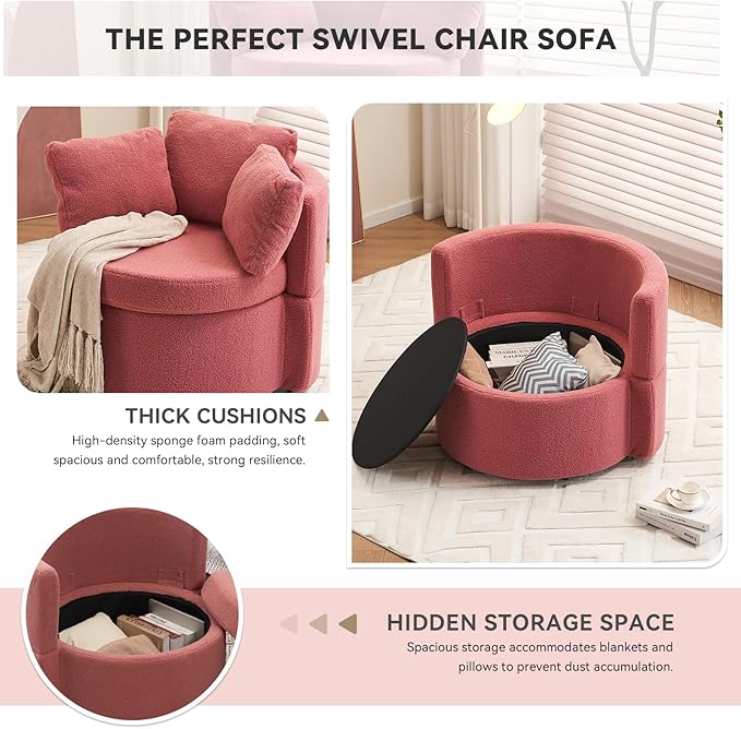 FOXHUNTER Swivel Barrel Chair 360 Degree Swivel Round Storage Chair with 3 Pillows Oversize Teddy Swivel Accent Chair Comfy Single Sofa Chair for Nursery Living Room Bedroom (Pink)