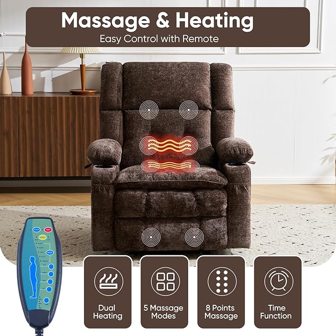 Oversized Power Recliner Chair for Elderly with Massage and Heat Dual Motor Lay Flat Recliner with Arm StorageLift Chair for Big Tall Infinite PositionExtended Footrest Lving Room Coffee