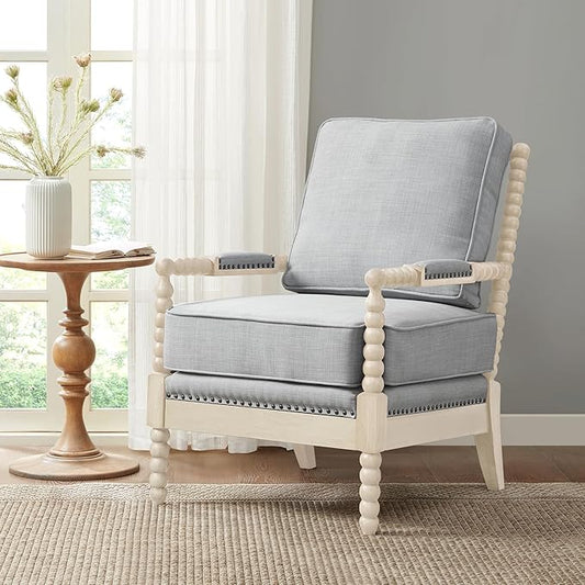 Madison Park Accent Chairs for Living Room Farmhouse Modern Armchair Solid Wood Antiqued Finish Upholstered Seat Removable Bedroom Lounge for Reading 25.5 W Light Blue/Antique Cream