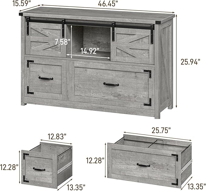 Vabches Lateral File Cabinets 2 Drawer with Sliding Barn Doors Farmhouse Filing Cabinet with 2 Drawer for Home OfficeFiling Organization Storage Cabinets for Hanging Files Letter/Legal/F4/A4.Grey