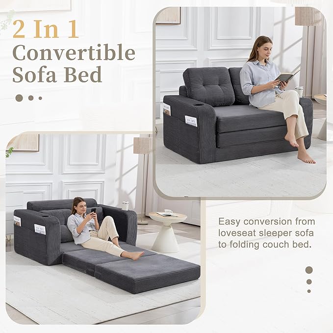 54 Convertible Sofa Bed 2-in-1 Boneless Folding Couch Bed with Cup Holder &amp Pocket Corduroy Fold Out Floor Couch with Pillows for Living Room Bedroom Small Spaces (Grey)