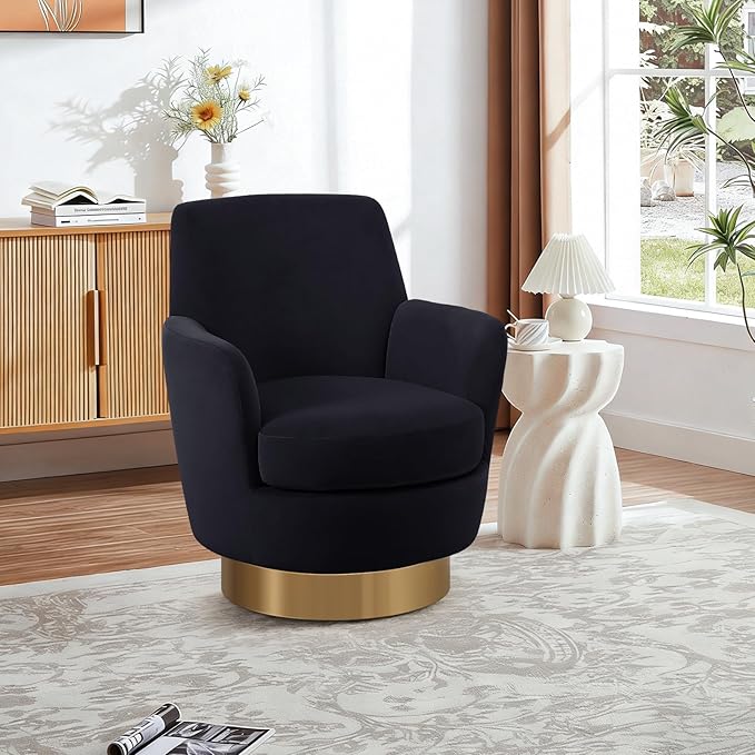 360° Swivel Barrel Chair Set of 2 28.3 Modern Velvet Round Accent Chair Comfy Upholstered Small Armchair with Gold Metal Base for Living Room Bedroom Nursery Office Sillas para Sala Black